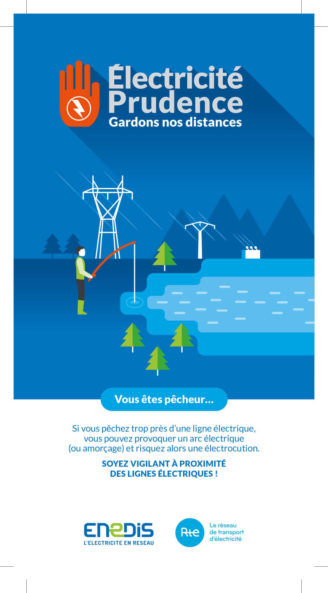 Affiche de prévention pour les pêcheurs par rapports aux ligne électriques
